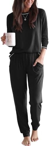 Ekouaer Women Pajama Set Jogger Sleepwear Long Lounge Set with Pocket Black
