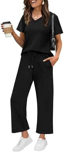 WIHOLL 2 Piece Sets For Women Summer Lounge Set Business Casual Date Outfits Track Suits Athleisure Pajamas Wide Leg Pants Woman Resort Wear 2025 Black M