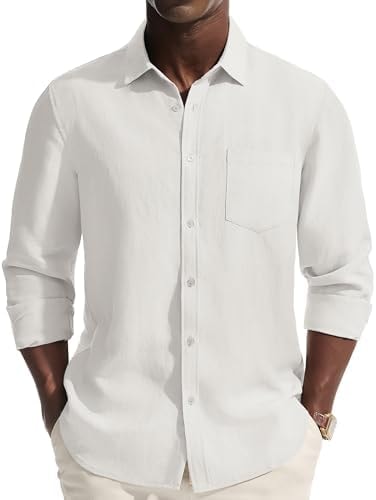 Mens Dress Shirts Linen Long Sleeve Button Down Casual Shirt for Men