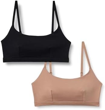 Amazon Essentials Women's Cotton Jersey Scoop Bralette, Pack of 2, Black / Washed Bronze, Large