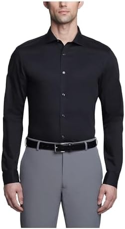 Calvin Klein Men's Non Iron Slim Fit Herringbone French Cuff Dress Shirt, Black, 18" Neck 34"-35" Sleeve