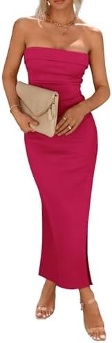 PRETTYGARDEN Women's Summer Bodycon Maxi Tube Dress Ribbed Strapless Side Slit Long Going Out Casual Elegant Party Dresses (Rose Red,Large)