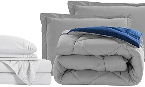 Elegant Comfort 7-Piece Bed-in-a-Bag Comforter & Sheet Set- Luxury 1500 Thread Count 7-Piece Cali King Size Bed-in-a-Bag, Cozy Bed Sheets and Comforter Set, Wrinkle and Stain Resistant, Silver/Navy