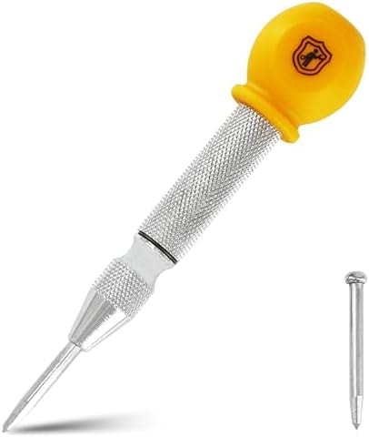 MulWark 5" Spring-Loaded Automatic Steel Center Hole Punch Marker Scriber for Wood, Metal, Plastic, Car Window Puncher Breaker Tool-with Palm Cushion Cap, Adjustable Impact-A Replacement Tip Included