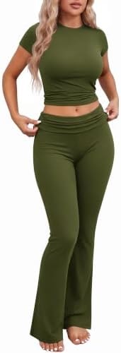 Ekouaer Womens Pajama Set Short Sleeve Crop Top Foldover Flare Pants