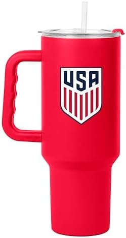 Logo Brands USA Men's National Soccer 40 oz Tumbler with Handle -Powder Coated-Stainless Steel with Straw– Leak-Resistant, Keeps Drinks Hot/Cold – Everyday Use