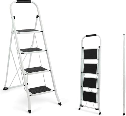 Simpli-Magic 4-Step Ladder, 350 LBS Capacity Folding Step Stool – Anti-Slip Wide Steps, Rubber Feet, Handgrip – ANSI Certified Lightweight & Durable Steel Stepping Stool for Kitchen, Home & Garage