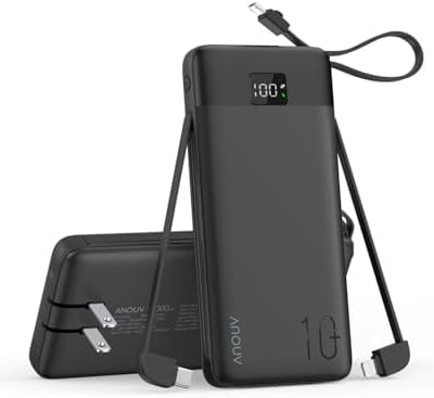 Portable Charger 10000mAh Power Bank w/Built-in 3 Cables & AC Wall Plug