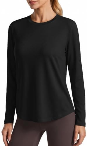 PINSPARK Long Sleeve Workout Tops for Women UPF 50+ Sun Shirts with Curved Hem Quick Dry Athletic Gym Running Hiking Shirts, Black Small