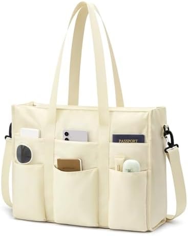 G4Free Tote Bag for Women, Multi-Compartment Large Capacity Work Bag with Zipper Top Handle, Shoulder Bag for Travel(Beige)