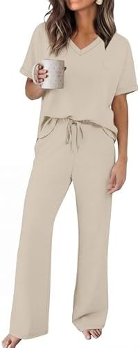 Sampeel Lounge Sets for Women Summer 2 Piece Sets Resort Wear 2026 Beach Vacation Spring Cruise Travel Airport Outfits Fashion Clothing Casual Beige M