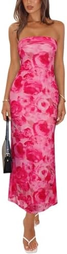 REORIA Women's 2026 Summer Floral Mesh Strapless Midi Dress Backless Beach Wedding Guest Cocktail Party Dresses Pink Floral Small