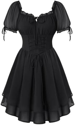 Women Renaissance Dress Mini Short Sleeve Fairy Costume Black L