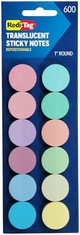 Redi-Tag Transparent Sticky Notes, 12 Pads Per Pack, Circle Sticky Notes, Round Adhesive Notes, Small Sticky Tabs for Organizing, 1 inch Diameter, 12 Pastel Colors (1016719)