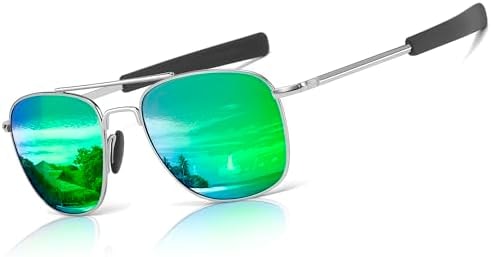 SUNGAIT Men's Military Style Polarized Pilot Aviator Sunglasses Bayonet Temples (Silver Frame/Green Mirrored Lens)