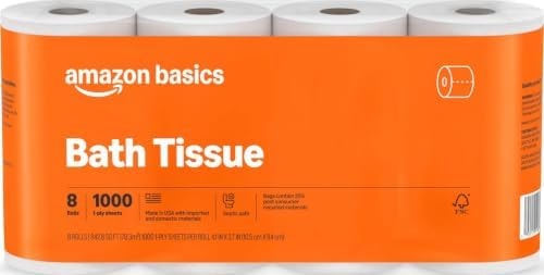 Amazon Basics 1000 Sheet 1-Ply Bath Tissue, 8 Rolls, Septic Safe