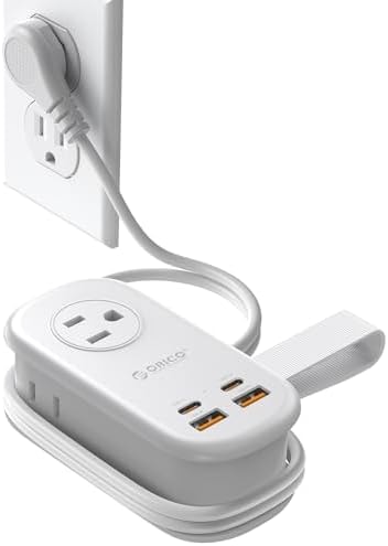 ORICO 65W GaN Travel Power Strip with 7-in-1 Charging Ports (3 AC Outlets/2 USB-A/2 USB-C), Flat Plug and 4FT Extension Cord, Fast Charger for MacBook Pro/Air, iPad Pro, iPhone 17/16/15- AP3