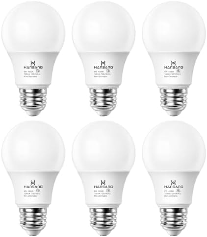 hansang A19 LED Light Bulbs, 60W Equivalent, 4000K Natural White LED Bulb with E26 Standard Base, Efficient 9W, Non-Dimmable, 800 Lumens, 120V, CRI 85, Eye-Friendly for Bedroom Living Room, 6 Pack