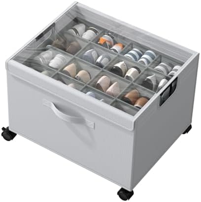 HOUSE AGAIN Shoe Organizer for Closet, Foldable Metal Frame Shoe Storage with Lockable Wheels, Adjustable Dividers & Clear Dust Cover, Holds 16-32 Pairs for Closet and Entryway