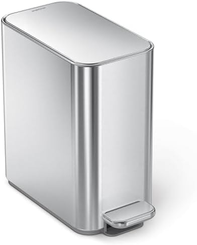 simplehuman Slim Step Can, 5L / 1.3 Gallon Compact Bathroom Trash Can, Liner Pocket®, Sleek Internal Hinge, 150,000-Step All-Steel Pedal, Lid Shox® Silent Close, Brushed Stainless Steel