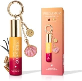 PUREAMOR Pheromone Perfume Oil for Women, Vanilla Musk V2 Keychain with Shell Charm – Warm Cozy Vanilla, 30% High Conc, Long Lasting Roll-On, 0.2 oz / 6 ml