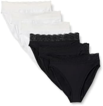 Amazon Essentials Women's Peached Microfiber with Lace Trim High Waisted High Leg Panty, Pack of 6, Black / White, X-Small