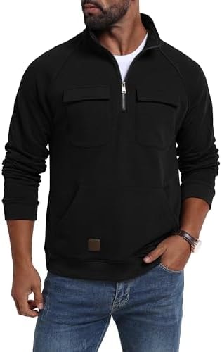 Lepunuo Men's Cargo Fleece Sweatshirts Quarter Zip Tactical Pullover Casual Gym Athletic Loose Sweatshirts Black