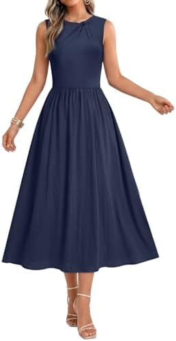 Dokotoo Womens Sleeveless Casual Maxi Dress a Line Flowy Crewneck Beach Travel Summer Dresses for Women 2026 Casual Holiday Party Wedding Guest Sundress Twist Knot Stretch Casual Dress Pocket Blue