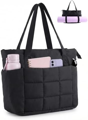 U+U Puffer Tote Bag for Women, Quilted Work Handbag with Compartments, Lightweight Puffy Shoulder Bag with Yoga Mat Strap for Daily, Travel, and Gym (Black)