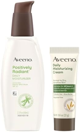 Aveeno Skincare Bundle, Positively Radiant Daily SPF 30 Facial Sunscreen Moisturizer + Soy, 2.3 fl. oz, & Travel Size Daily Moisturizing Cream for Body, Face, & Hands, 0.8 oz, Two Pack, 2 Items