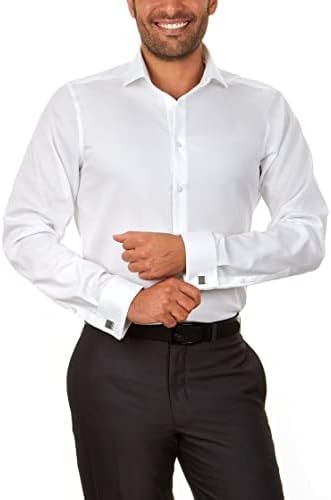 Calvin Klein Men's Non Iron Slim Fit Herringbone French Cuff Dress Shirt, White, 15" Neck 32"-33" Sleeve