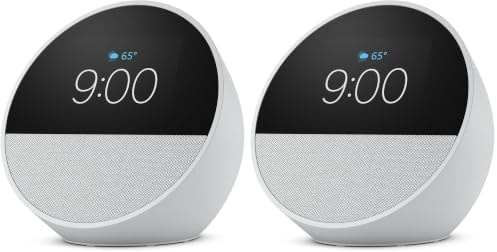 Amazon Echo Spot (newest model), Great for nightstands, offices and kitchens, Smart alarm clock, Designed for Alexa+, Glacier White (Pack of 2)