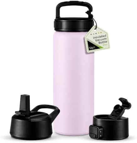 SipX™ 25 oz Insulated Water Bottle with 3 Lids – Leakproof Stainless Steel, Triple Insulated – Cold 24 Hours/Hot 12 Hours – Durable Bottle for School, Gym, Travel – Purple