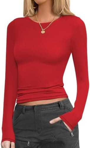 Ekouaer Womens Long Sleeve Shirts Fitted Tops Underscrub Themal Undershirt