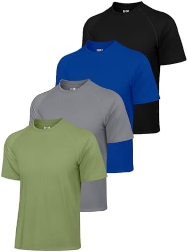 IHU 4 Pack Mens Rash Guard Swim Shirts Short Sleeve UPF 50+ Neon Rashguard