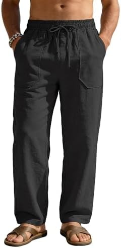 RQP Mens Cotton Linen Pants Casual Loose Fit Drawstring Summer Beach Pants Lightweight Vacation Yoga Trousers with Pockets Black