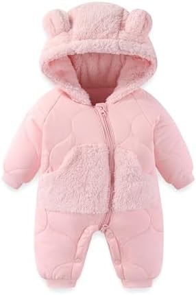 JiAmy Baby Snowsuit Winter Romper Hooded Boys Girls Jumpsuit Bear Thick Windproof Cap Infant Winter Clothes 3-6 Months Pink