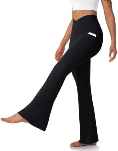 Women's Flare Leggings with Pockets Crossover High Waisted Yoga Pants