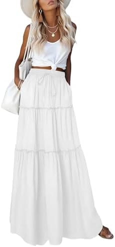 Aprolive Womens Boho Maxi Skirt Drawstring High Waist A-Line Skirt Pleated Ruffle Long Skirts Summer Casual Vacation Outfits(1-White,Small)