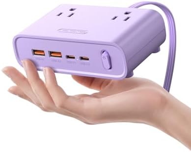 NTONPOWER Flat Plug Power Strip, Desktop Charging Station with 25W USB C Ports, Purple Extension Cord with 4 AC Outlets, 5ft Flat Extension Cord for Home Office, Dorm Room Essentials