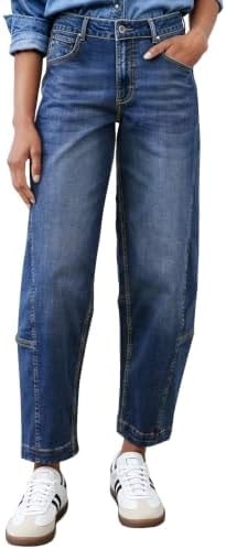 UNCLECAT Womens Baggy Barrel Jeans Wide Leg Boyfriend Cropped Denim Pants