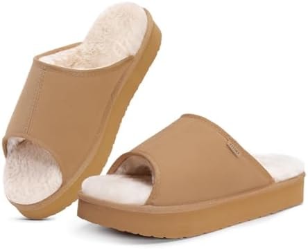 FITORY Womens Open Toe Slippers,Faux Rabbit Fur Cork Slides Sandals