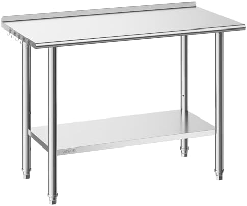VEVOR Stainless Steel Work Table, 24x48 Inch Food Prep Table with Backsplash, Commercial Kitchen Workstation with Adjustable Undershelf, Metal Heavy Duty Utility Worktable, for Restaurant Home Outdoor
