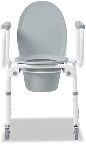 Medline Drop Arm Commode with Wheels, Swing Arm Rest for Easy Transfer, Padded Seat, Contains Chair, Pail, Lid, and Splash Guard, 250lb. Weight Capacity