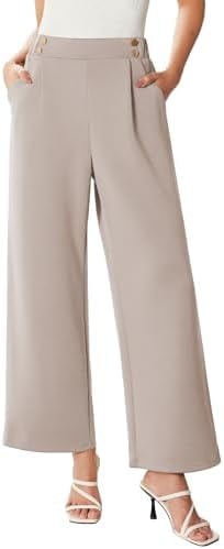 EVALESS Wide Leg Pants for Women High Waisted Stretchy Dressy Casual Work Trousers Trendy Fall Comfy Office Elastic Waist Pleated Pants with Pockets Teachers Outfits Slacks Beige X-Large