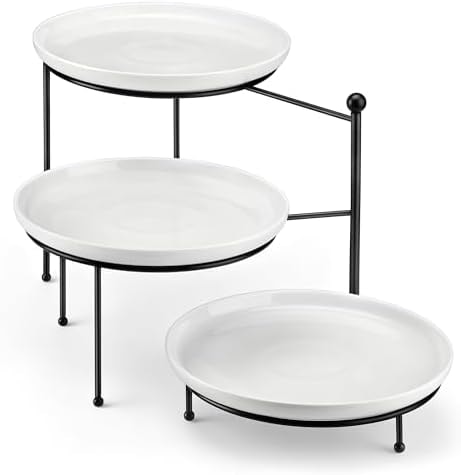 MALACASA White 3 Tier Serving Tray Stand with Black Rack, 10 Inch Porcelain Tiered Dessert Stand for Cupcakes, Cakes, Fruit & Appetizers, Ceramic Serving Platter for Party, Wedding & Tea Party