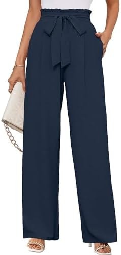 KORSIS Womens Palazzo Pants for Women Casual Lounge Business High Waist Adjustable Tie Knot with Pokects Dark Blue L