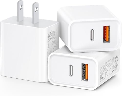 3-Pack USB C Wall Charger, 20W Durable Dual Port QC+PD 3.0 Power Adapter