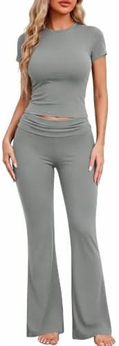 Ekouaer Women 2 Piece Pajama Set Short Sleeve Crop Top Foldover Flare Pant