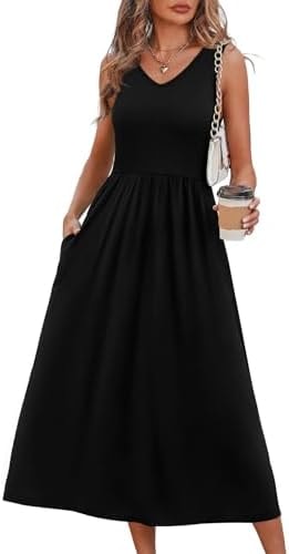 Black Dresses for Women Sleeveless Flowy Midi Dresses for Women Maxi Beach Vacation Spring Summer Dress Sundresses for Women Casual Wedding Guest Graduation Dress Solid Black M